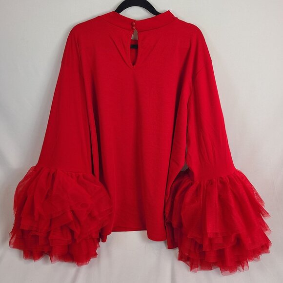 Ashley Stewart Red Tulle Bell Sleeve Blouse Professional Statement Top Sz 34/36 - Picture 8 of 8